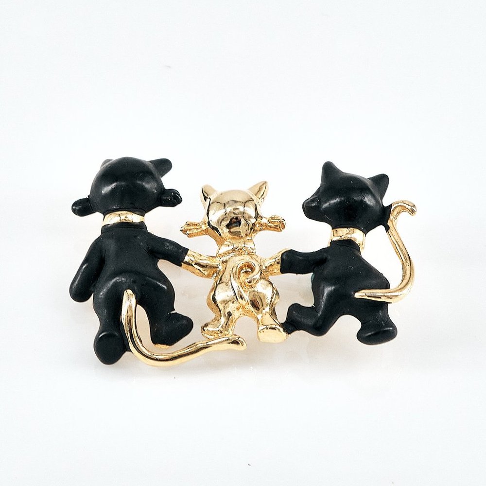 Vintage Brooch Pin, Goldtone & Black Cat Trio, Collectible Cat Lovers Gift
